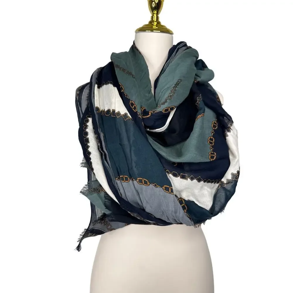 Oversized Navy Teal Chain Print Scarf Wrap Shawl Lightweight Fringe